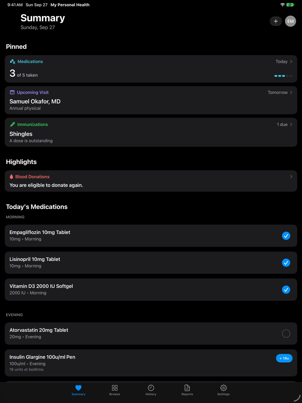 The Summary screen on iPad: medications taken today, an upcoming visit, an immunization due, and today's medication list.