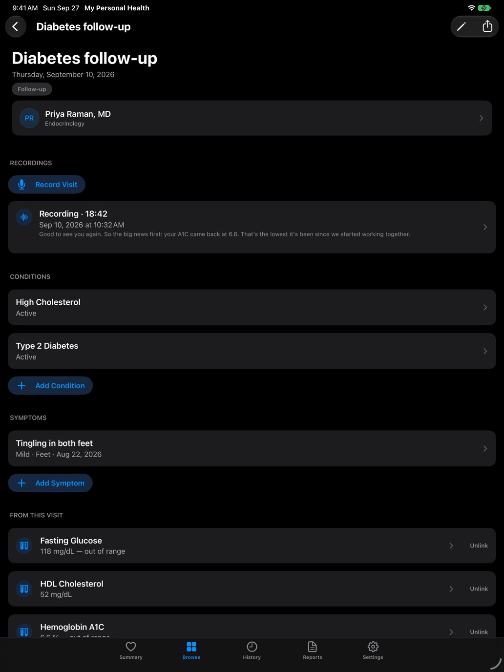 An office visit on iPad with its recording, transcript, and the conditions and symptoms discussed.