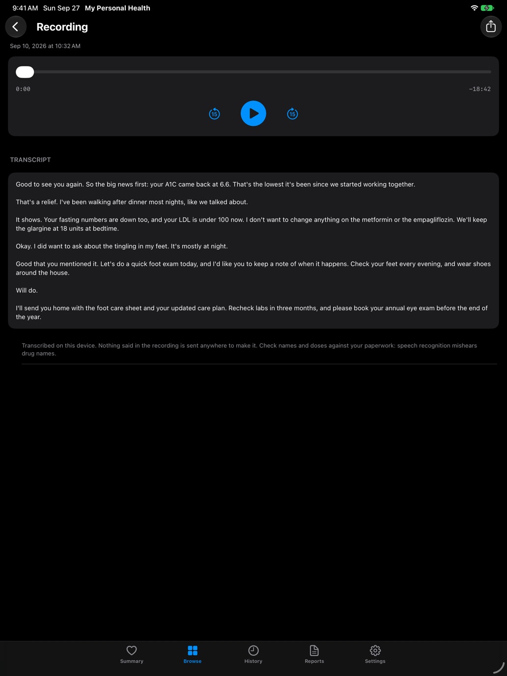 Playing back a visit recording on iPad, with its transcript below.