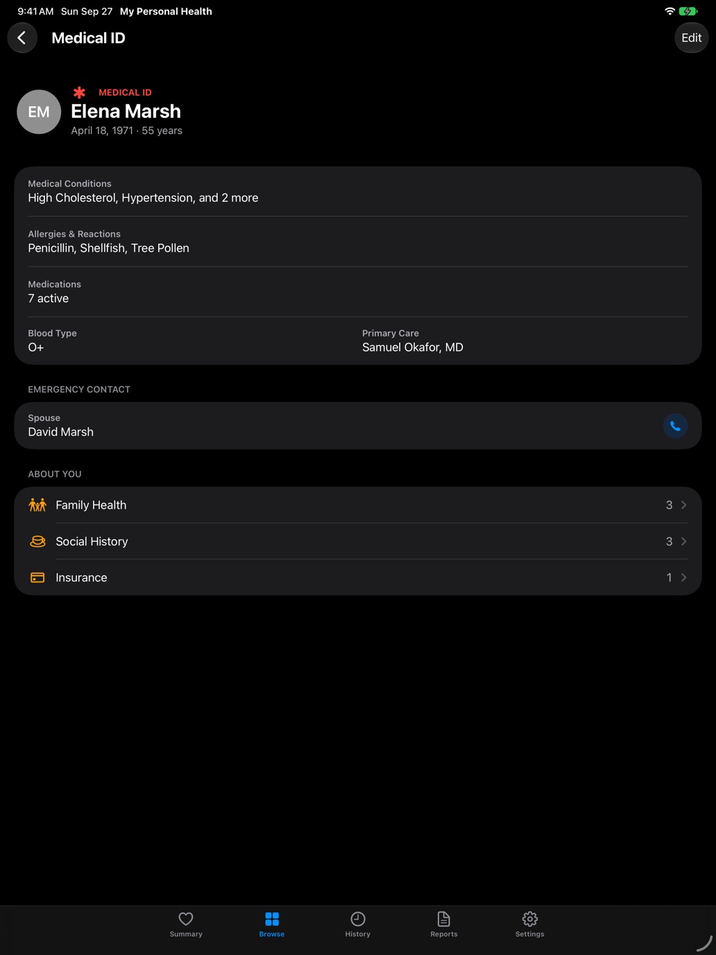 The Medical ID screen on iPad with conditions, allergies, medications, blood type and an emergency contact.