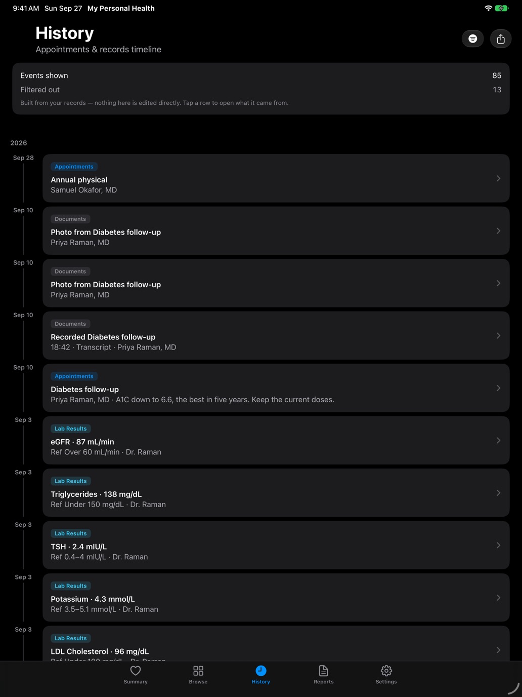 The History timeline on iPad, listing appointments, lab results, recordings and dose changes by date.