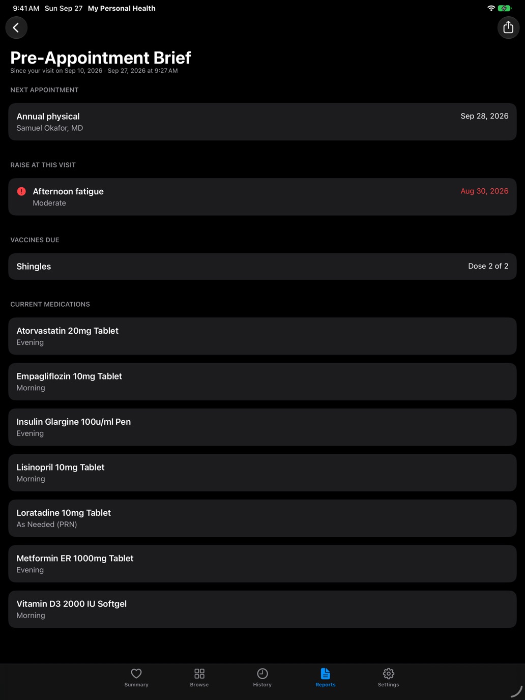 A pre-appointment report on iPad listing topics to raise, vaccines due and current medications.